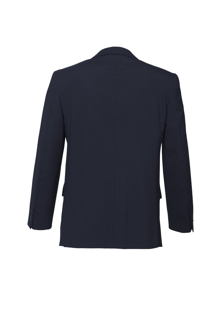 A navy blue men's comfort wool stretch jacket with a two-button design, showing the back view.