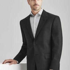 A men's classic jacket in black wool stretch, featuring a two-button closure and a sleek design.