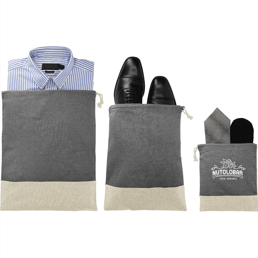 A grey and cream travel pouch set, including three separate pouches for clothing and accessories, featuring a logo.