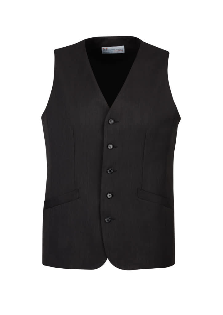 A black longline vest featuring a button front and side pockets, designed for men. It has a simple, sleek look.