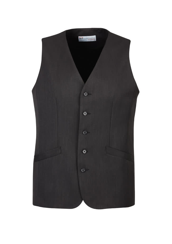 A black longline vest with a button front and two side pockets, featuring a logo on the inside label.