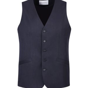 A navy longline vest with a five-button front, two side pockets, and a branded label inside.
