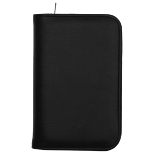 A black recycled travel wallet with RFID blocking feature and an embossed logo on the front.