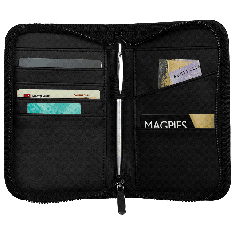 A black recycled travel wallet with RFID blocking features and a zip closure. It includes a logo on the front.