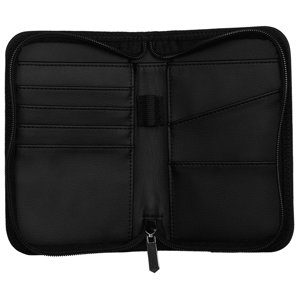 A black recycled travel wallet featuring multiple card slots and a secure zip closure. It includes RFID blocking technology.