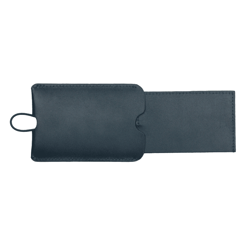 A navy blue pull-apart leather luggage tag with a loop for attaching to bags. It features a simple design.