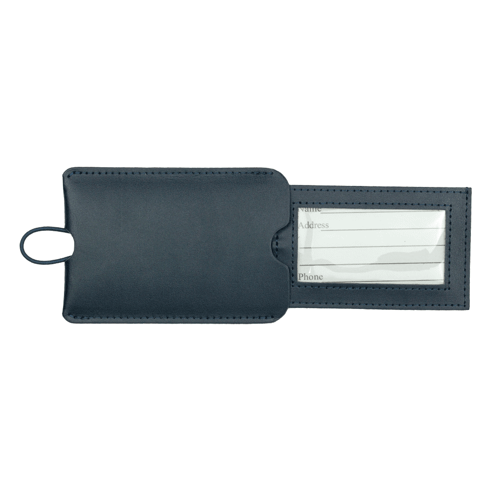 A navy leather luggage tag with a transparent window for identification information and a loop for attachment.