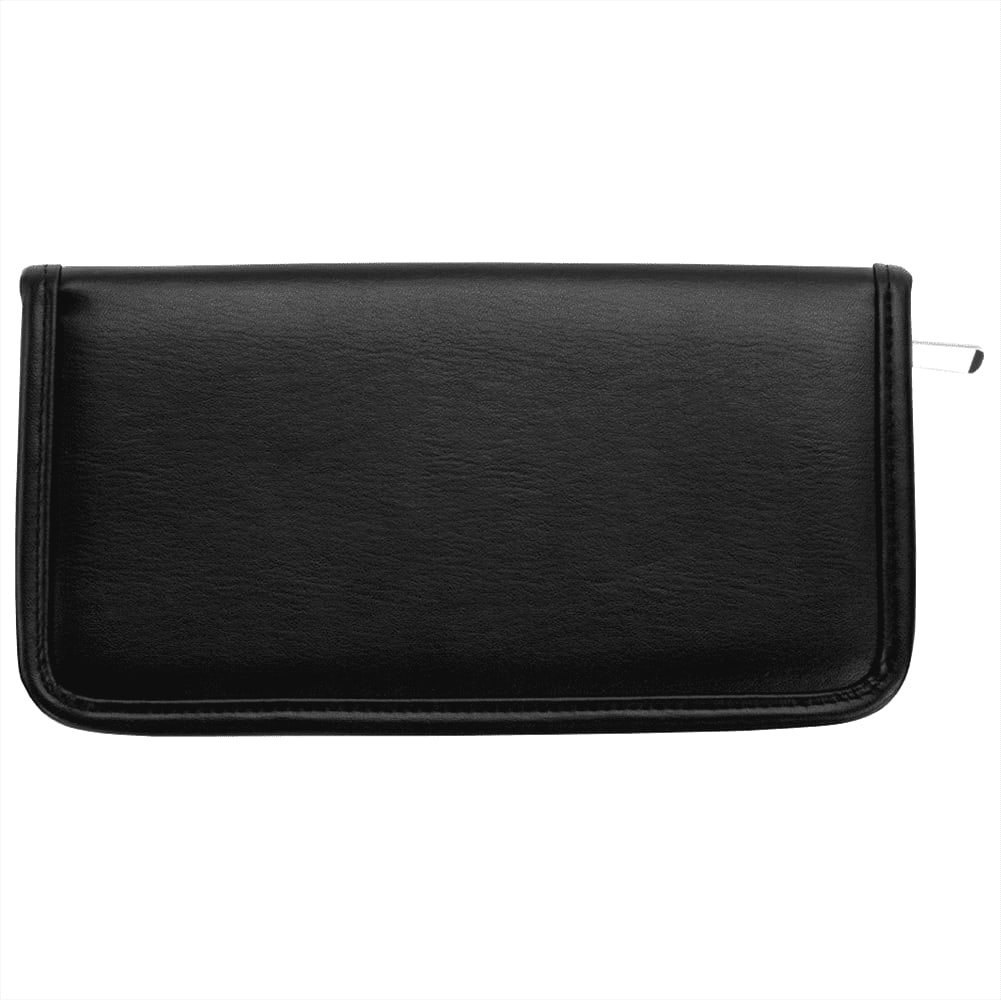A black travel wallet with a sleek design, featuring a zip closure and a branding logo.