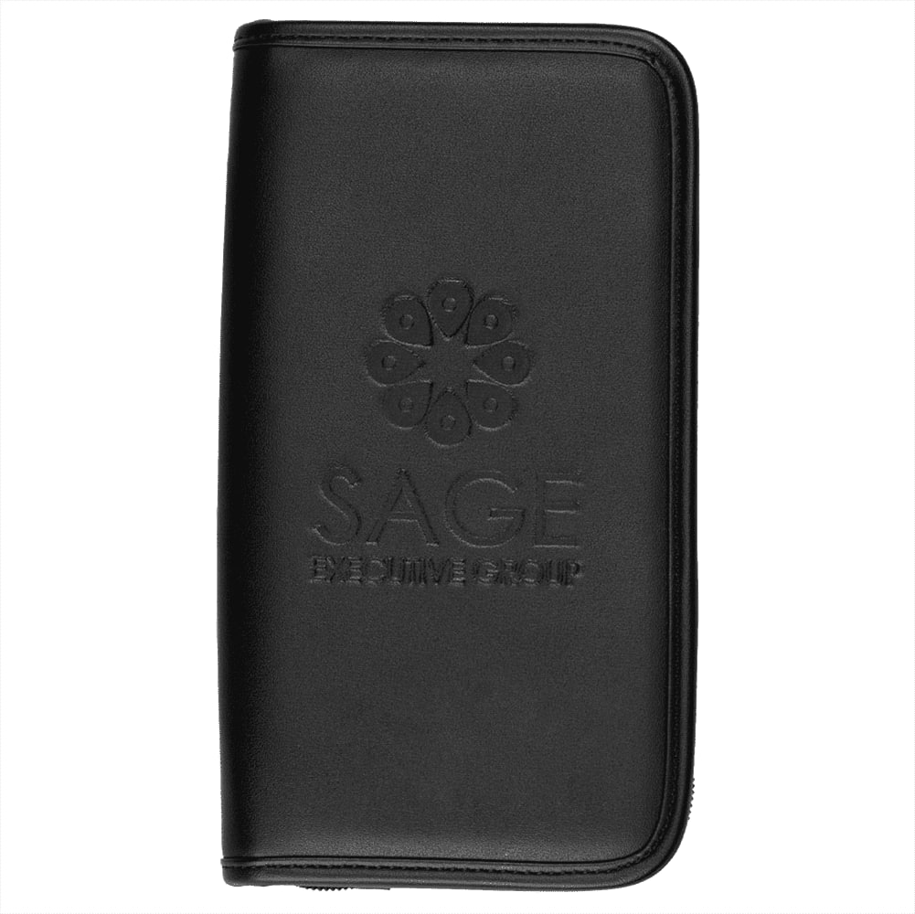 A black travel wallet with a textured finish and a logo embossed on the front.