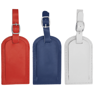 A navy blue luggage tag made of leather with a silver buckle and embossed design.