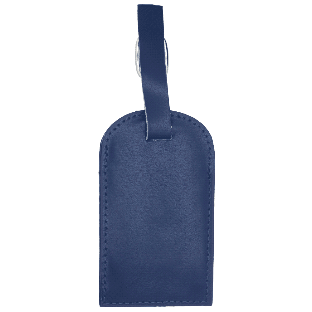 A white luggage tag with a stitched border, featuring a buckle strap and a branding logo.