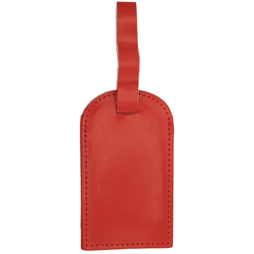 A navy blue luggage tag made of leather with a strap for attachment. It features a logo on the surface.