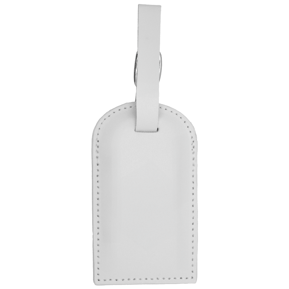 A white luggage tag with a smooth surface and a loop for attachment, featuring a logo.