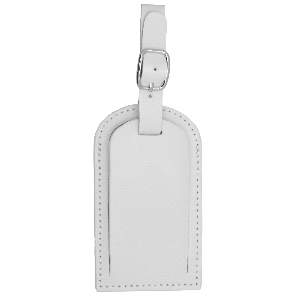 A navy blue luggage tag with a leather finish and a buckle strap for attachment. It features a logo.