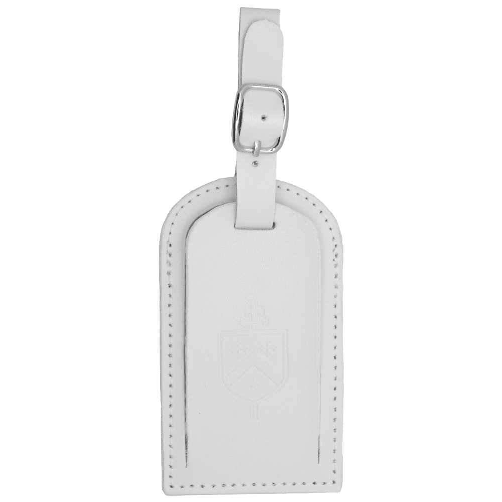 A grey and white coloured luggage tag with a smooth surface and an adjustable buckle strap for attachment.