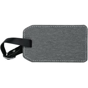 A grey luggage tag with a textured surface and a black strap for attachment. It includes a logo.