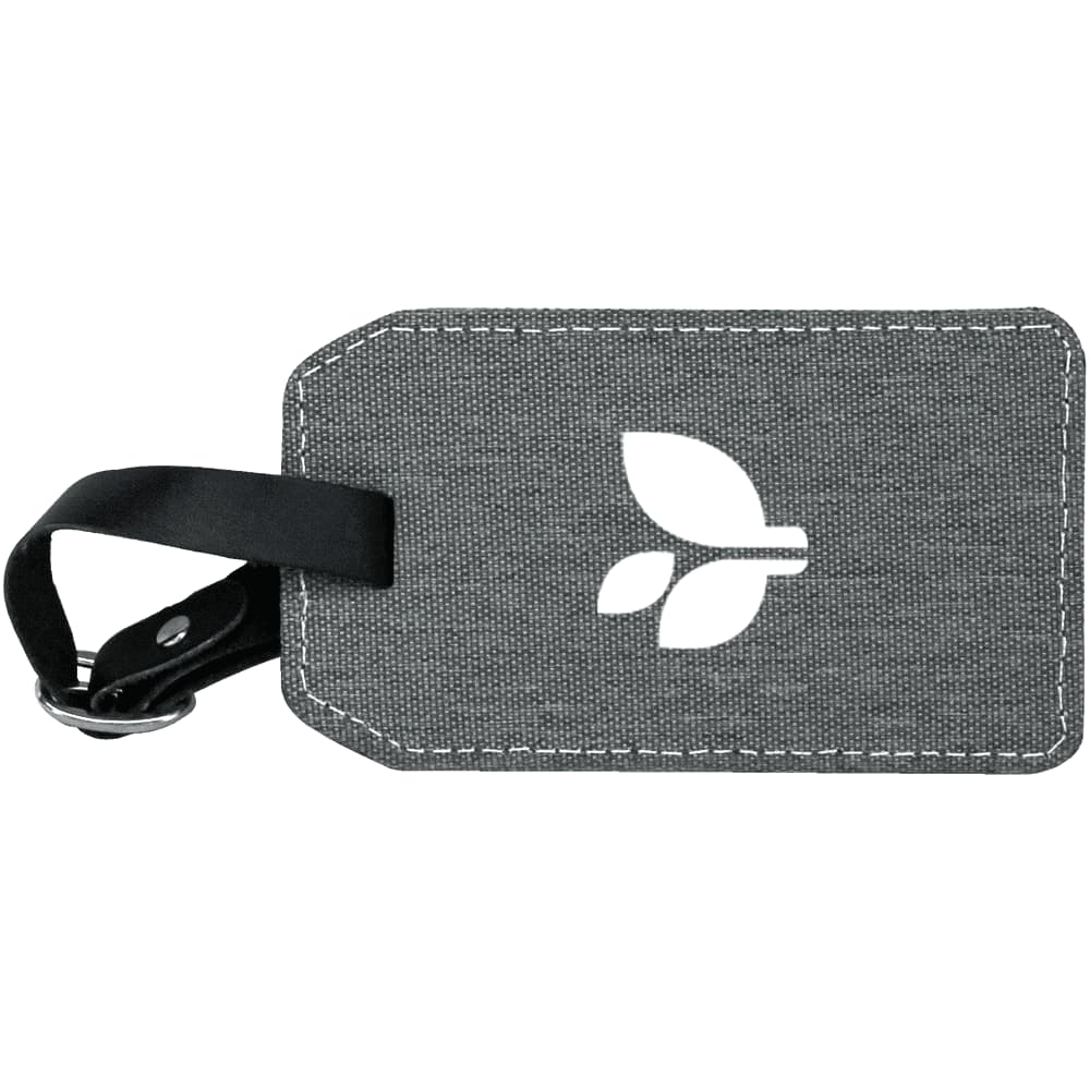 A grey luggage tag with a stitched border and a logo featuring a leaf design. It includes a black strap.