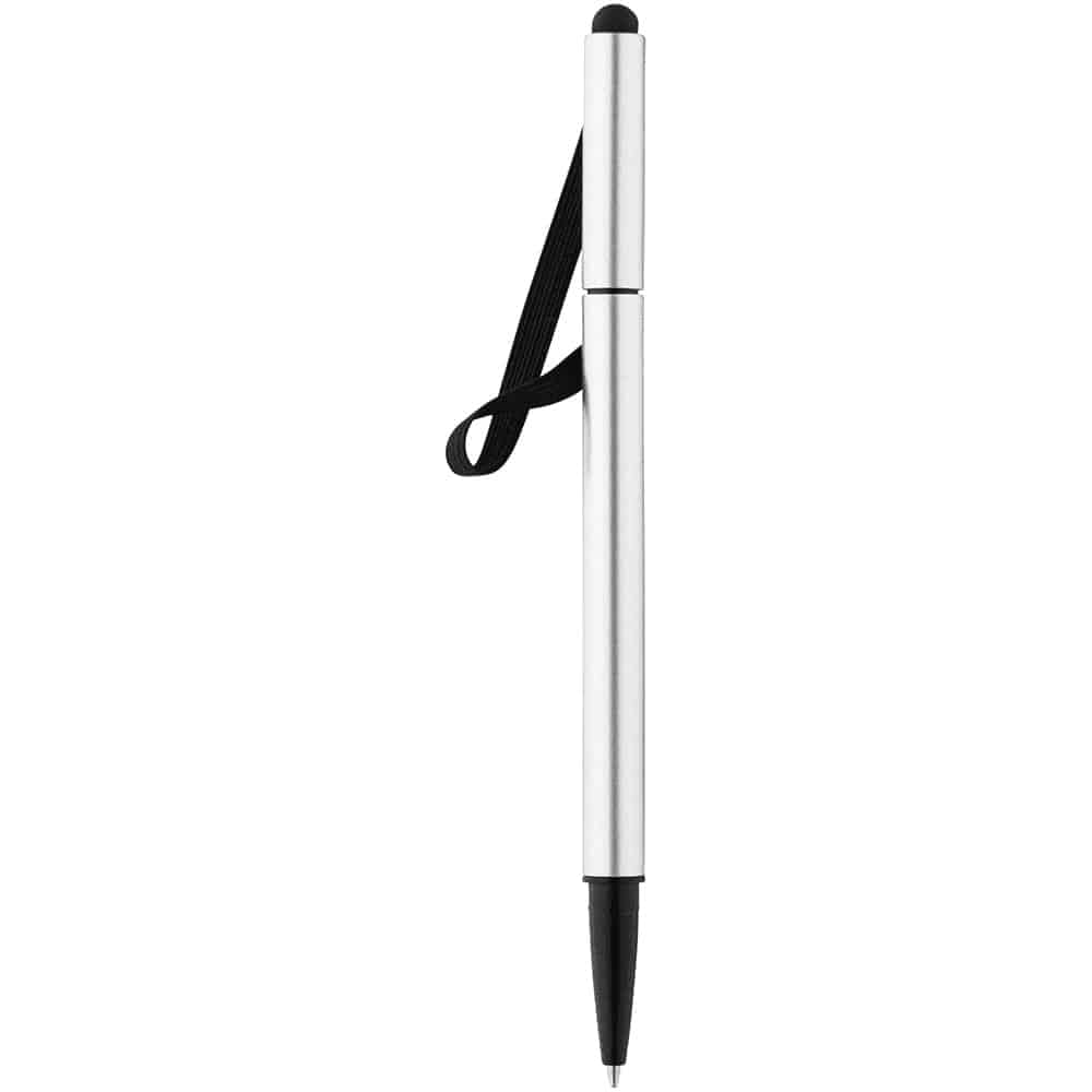A sleek silver stylus pen with a black rubber tip and a black clip. It features a simple and modern design.