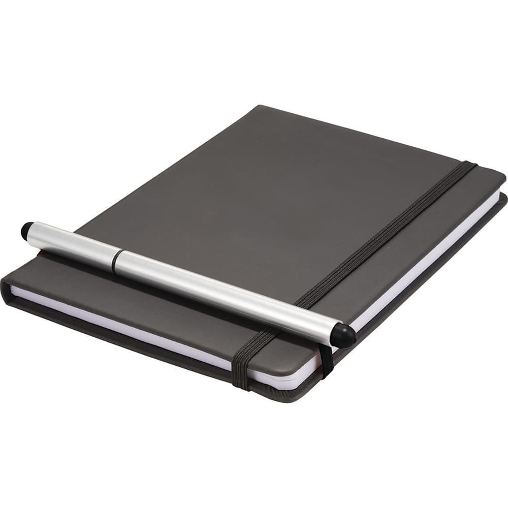 A grey notebook with a black elastic band and a silver stylus pen resting on top. The notebook has a branding logo.