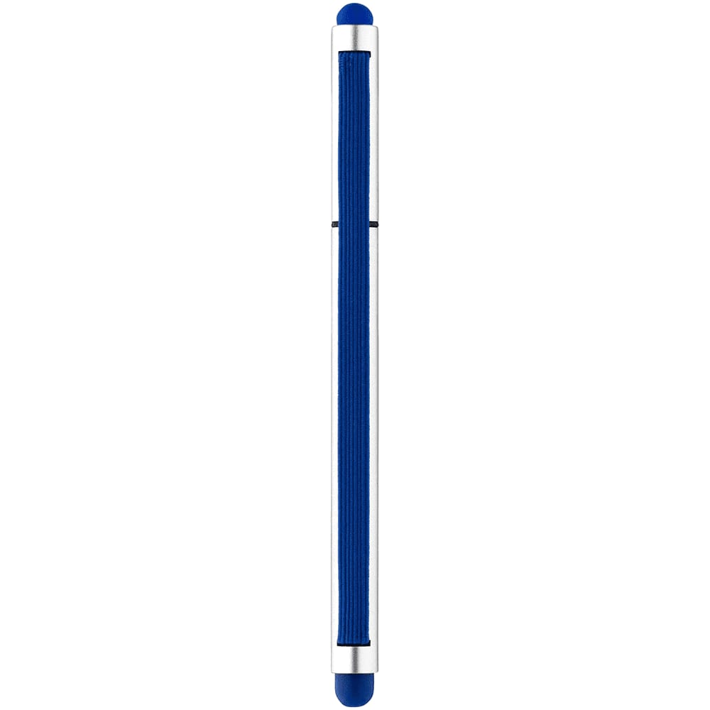 A blue stylus pen with a silver body and rubber tips on both ends. It features a logo on the barrel.