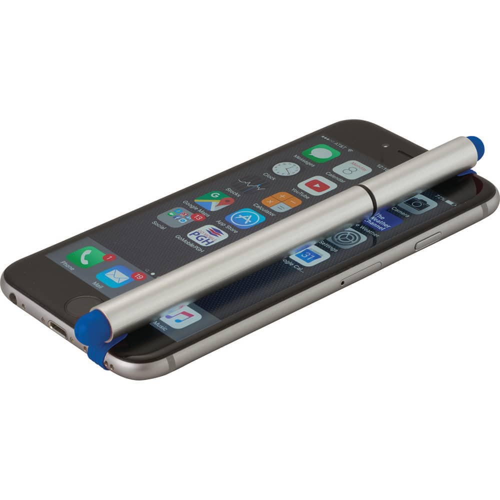 A silver stylus pen with blue tips resting on a smartphone screen, featuring a logo.