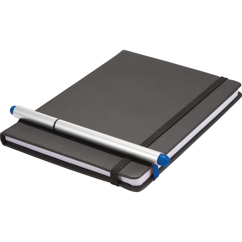 A sleek black notebook with a silver and blue stylus pen resting on top, featuring a logo on the pen.