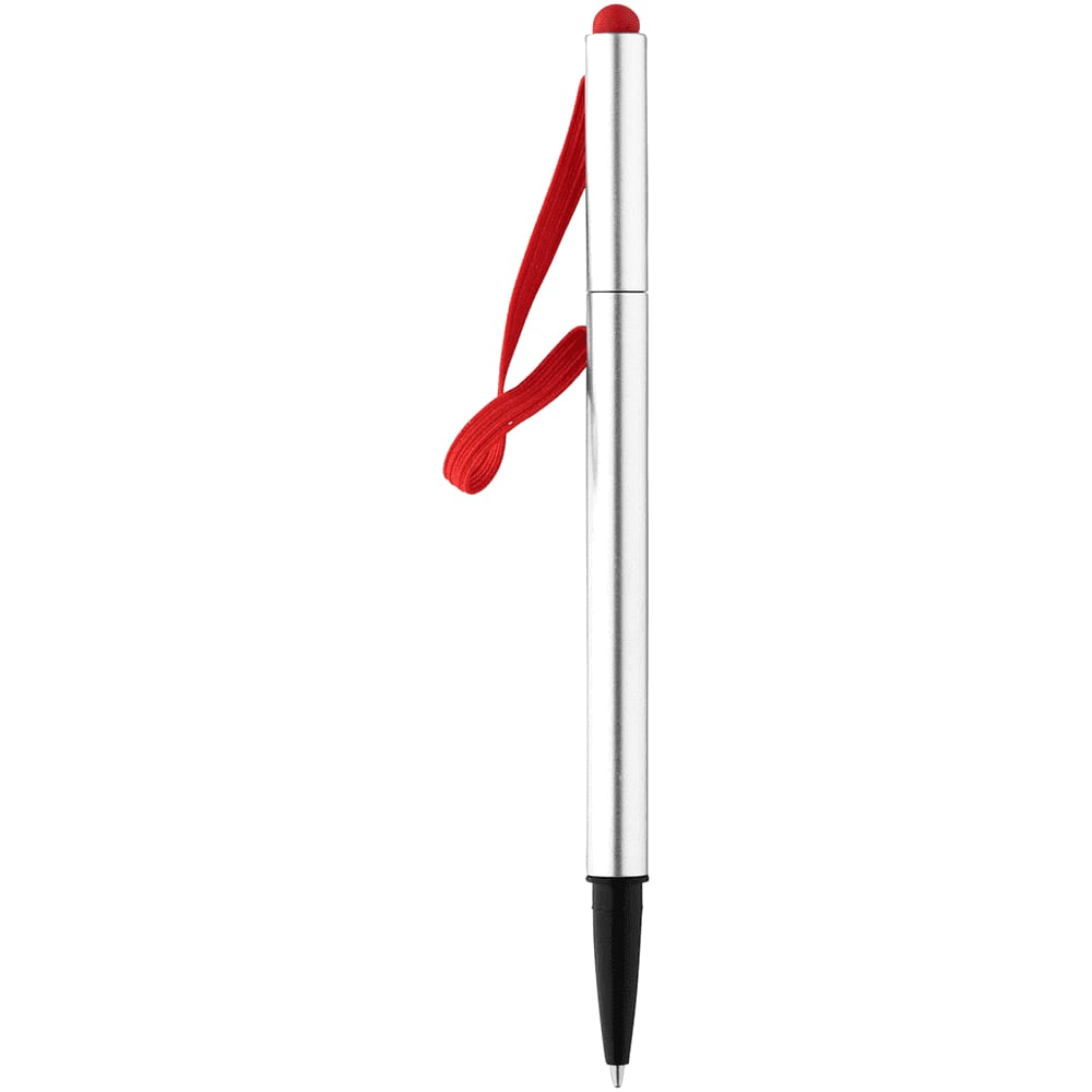 A silver stylus pen with a red rubber tip and a red elastic band attached. It features a brand logo.