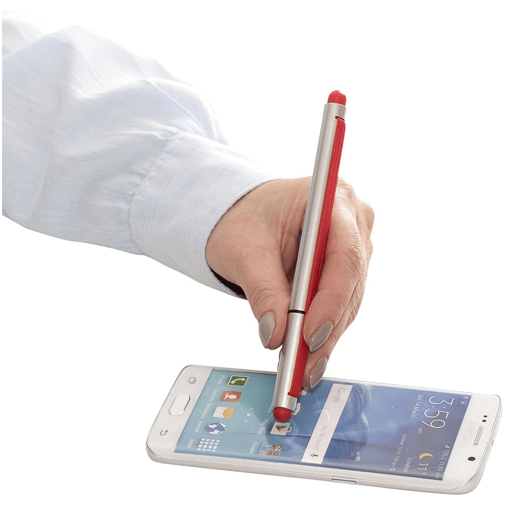 A hand holding a silver and red stylus pen, writing on a smartphone screen. The pen has a rounded tip for precision.