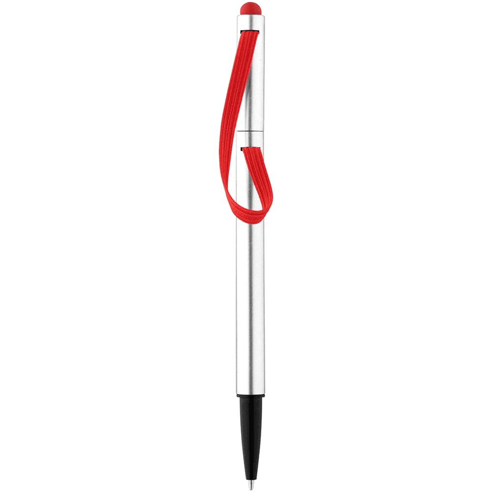 A silver stylus pen featuring a red rubber grip and a red attachment loop. It has a sleek, modern design.