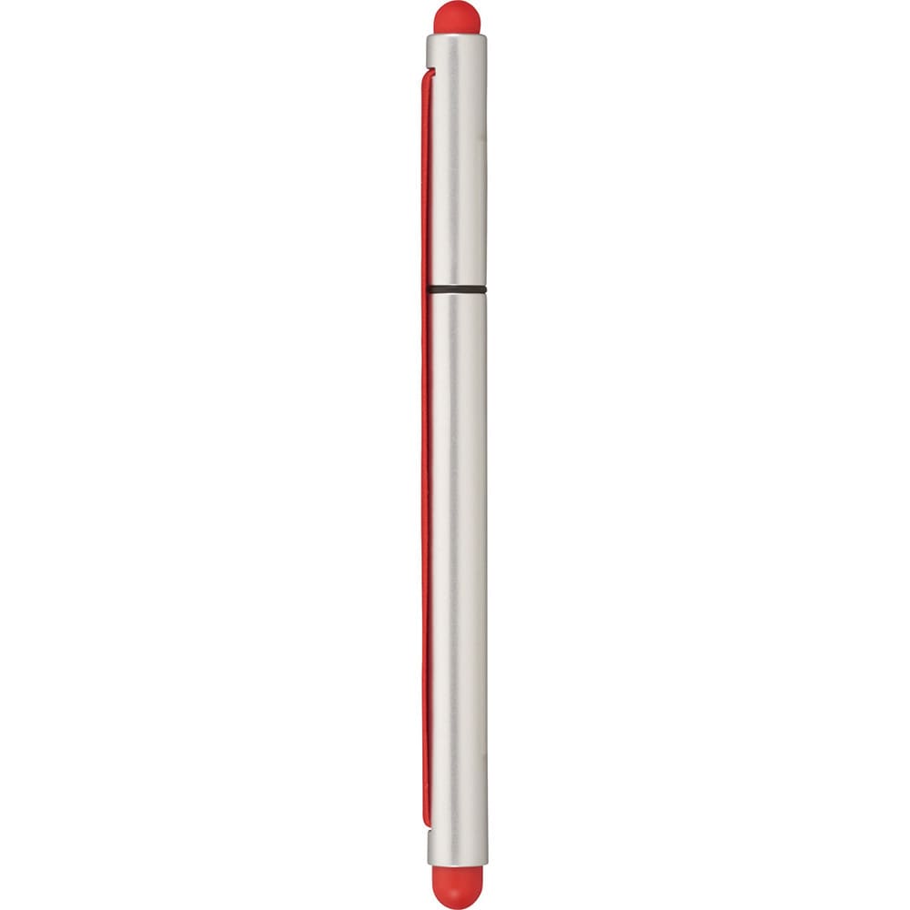 A silver and red stylus pen with a sleek design and rounded tips on both ends, featuring a logo.
