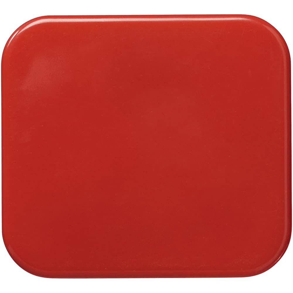 A red square Bluetooth earbud case with a smooth, glossy surface and rounded edges. It features a branding logo.