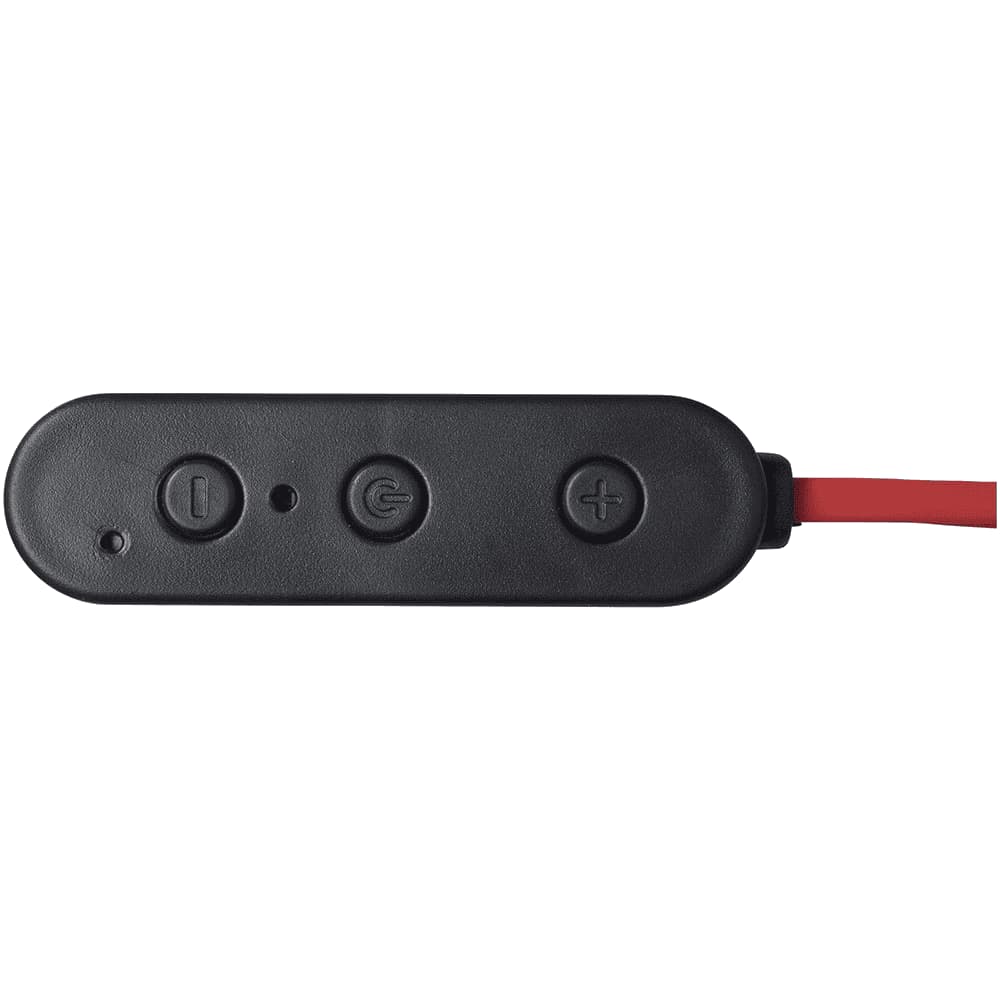 A black control unit with three buttons and a red cable, designed for Bluetooth earbuds.