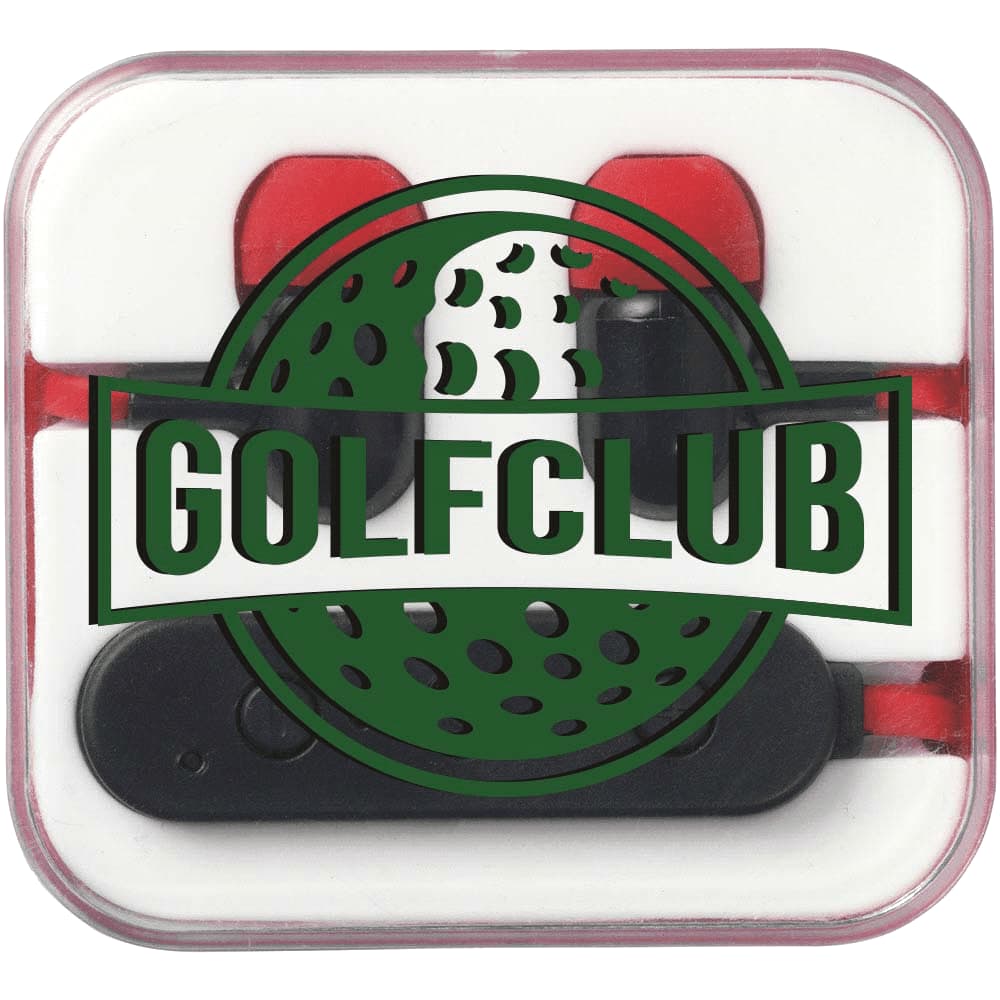Bluetooth earbuds in a compact case with red and black accents, featuring a logo design.