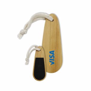 A bamboo paddle nail file set with a natural wood finish and black accents, featuring a rope handle and a logo.