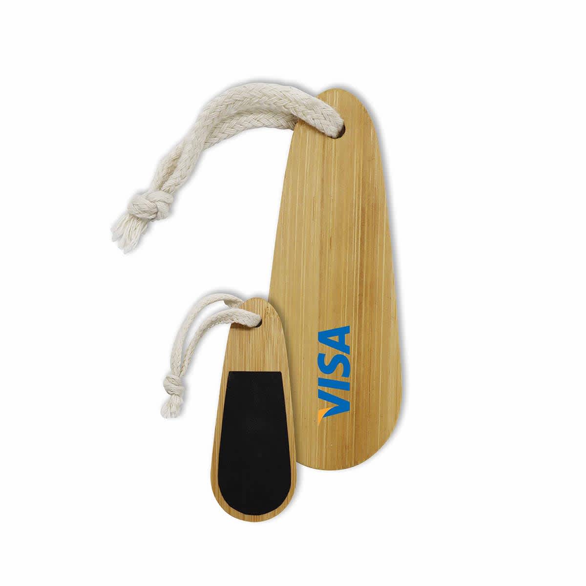 A bamboo paddle nail file set with a natural wood finish and black accents, featuring a rope handle and a logo.