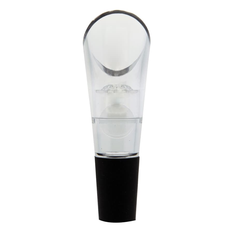 A clear aerator with a black base for enhancing wine's flavour, featuring a sleek design and branding.