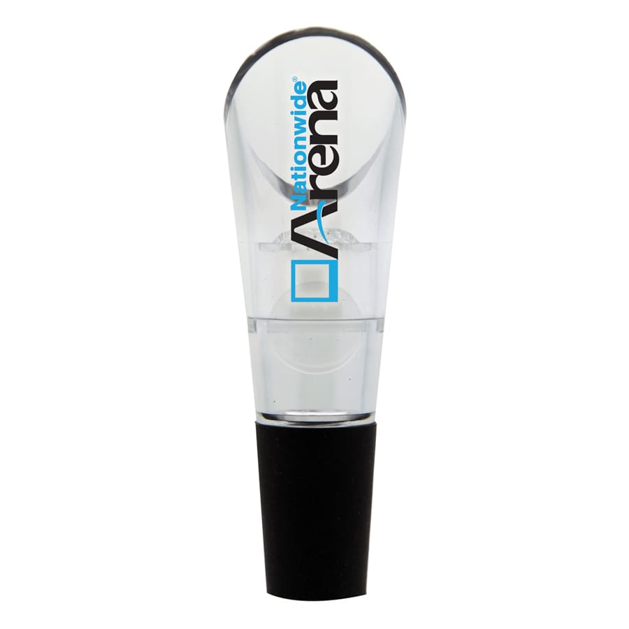 A clear wine aerator with a black base, featuring a logo on the side.