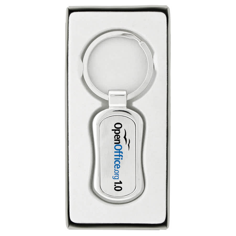 A silver keychain in a box, featuring a branding logo and a sleek design.