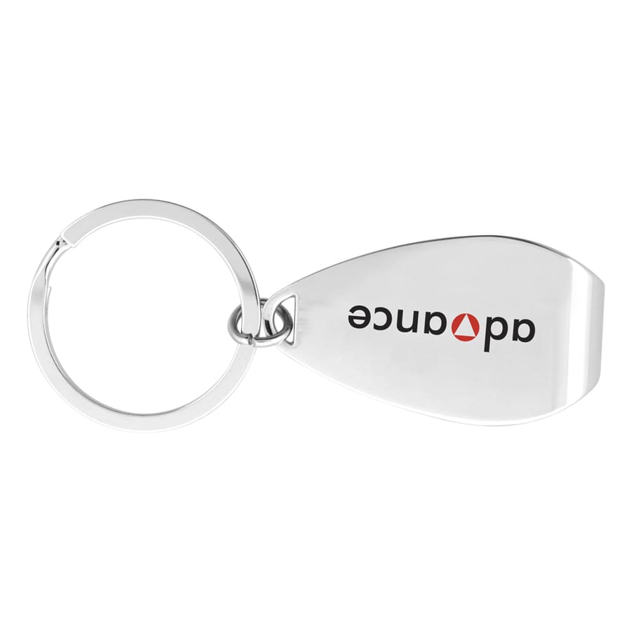 A silver keychain in a teardrop shape with a logo on one side.