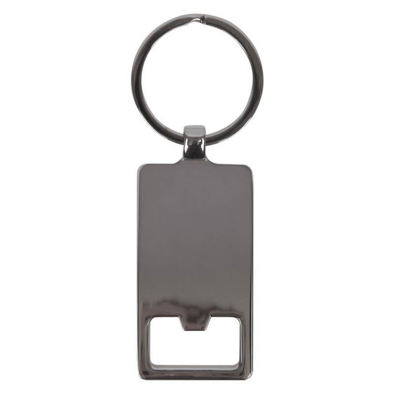 A rectangular silver keychain with a circular keyring attachment. It features a smooth, reflective surface.