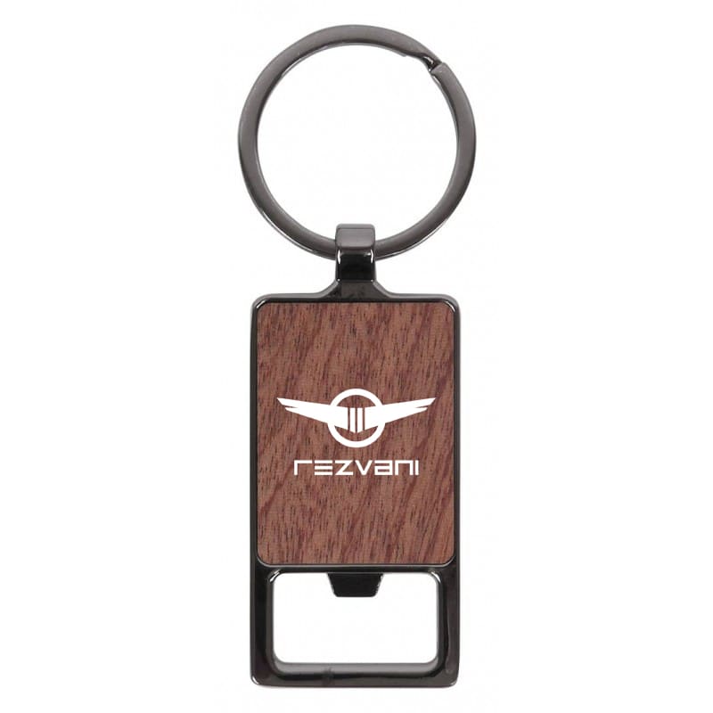 A rectangle keychain featuring a wooden texture and a circular metal ring, with a logo displayed on the front.
