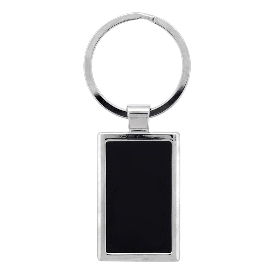 A rectangular silver keychain with a shiny finish and a blank black surface for personalisation.