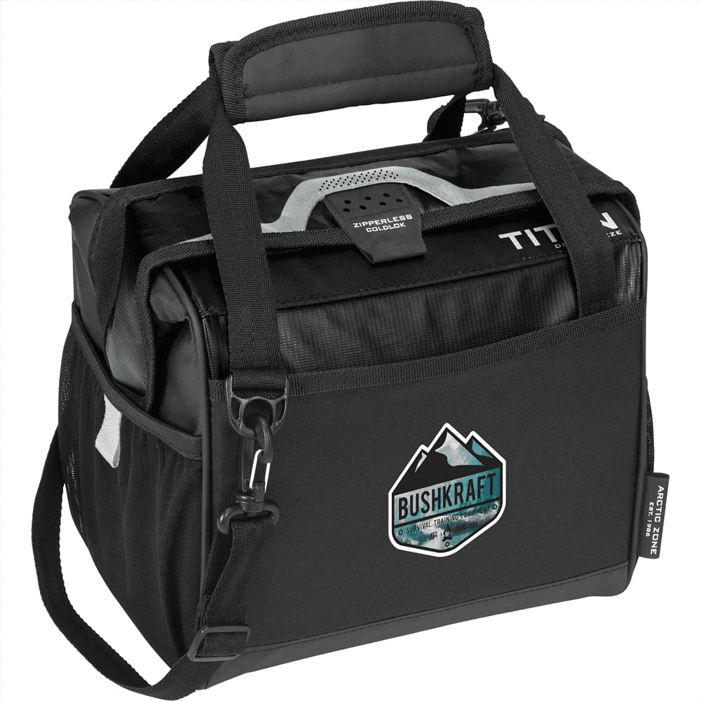 A black lunch cooler with a silver insulated interior, holding several water bottles and featuring a side pocket.