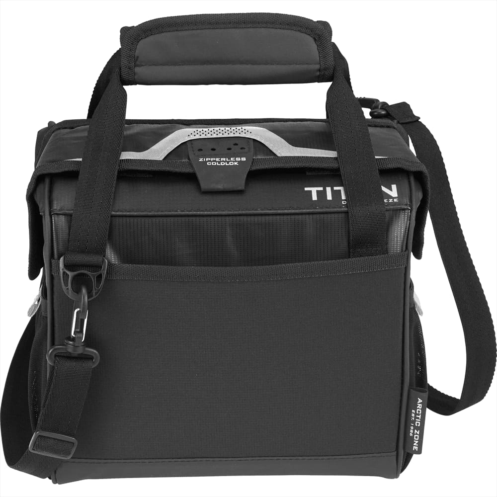 A black lunch cooler with a sturdy handle and adjustable strap, featuring a branded logo on the front.
