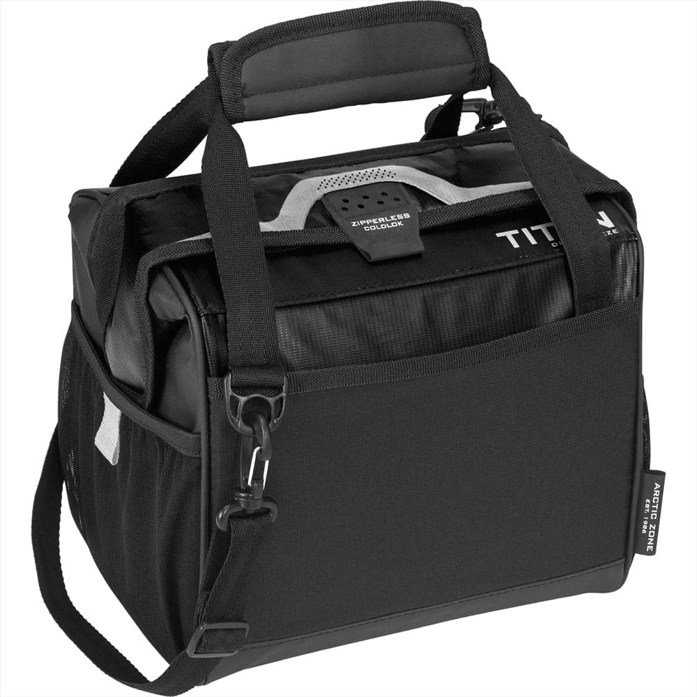 A black lunch cooler with a drink bottle pocket, featuring a logo on the side.