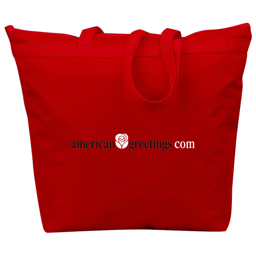 A red tote bag with two handles and a logo printed on the front. The bag is spacious and sturdy.