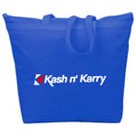A blue tote bag with two handles and a logo on the front.