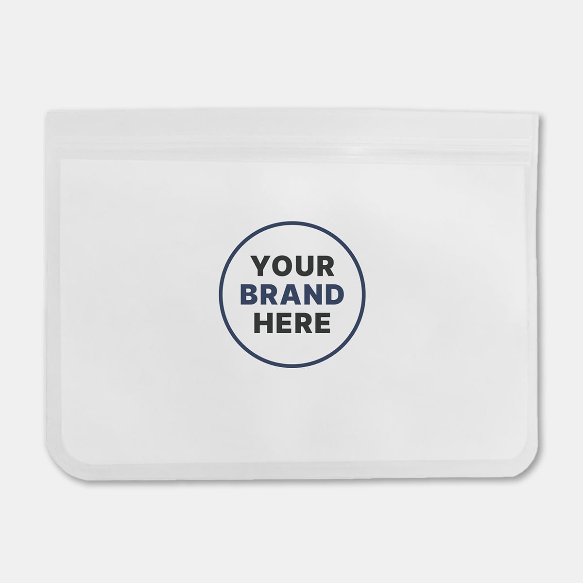 A transparent, white PEVA reusable food storage bag with a circular logo area.