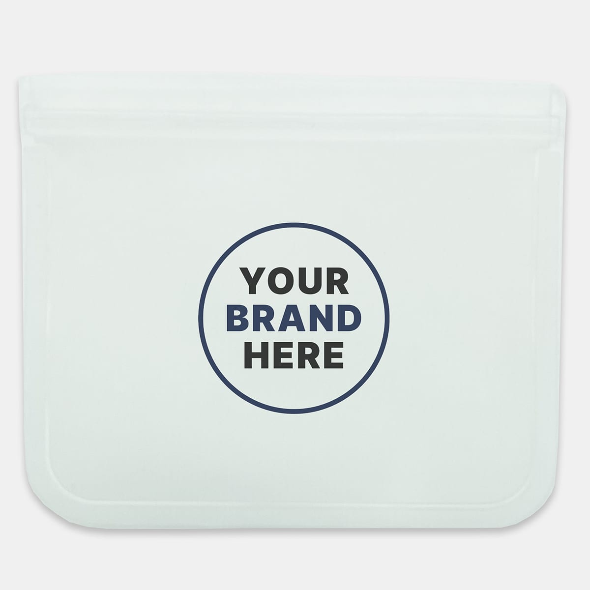 A clear PEVA reusable food storage bag with a round logo space. Dimensions are 21.5 cm x 18 cm.
