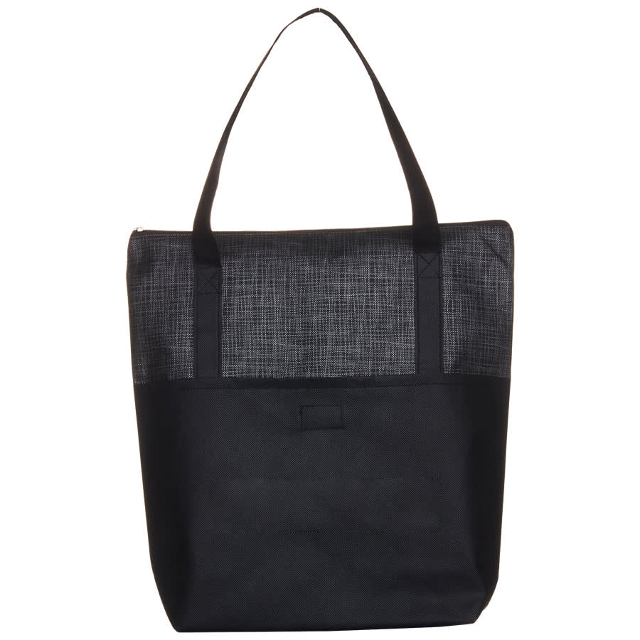A black tote bag featuring a crosshatch design, with sturdy shoulder straps and a zip closure.